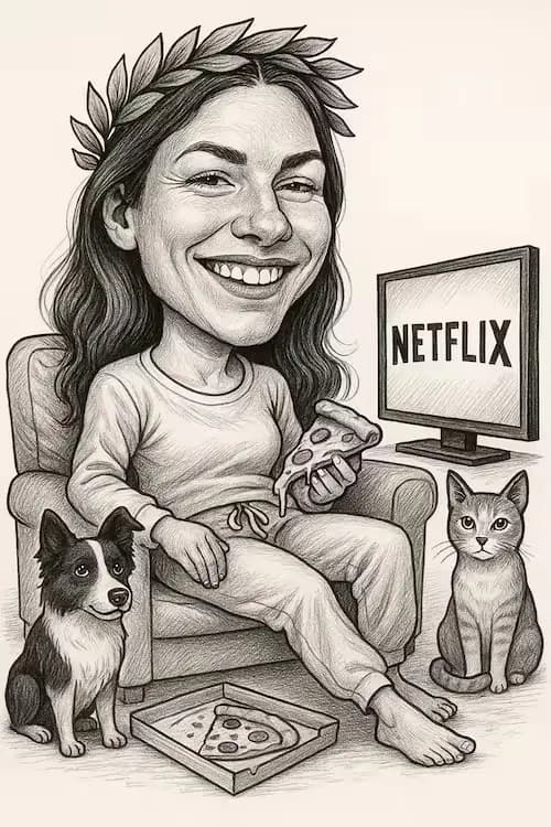 Caricatura ragazza che guarda netflix con animali domestici