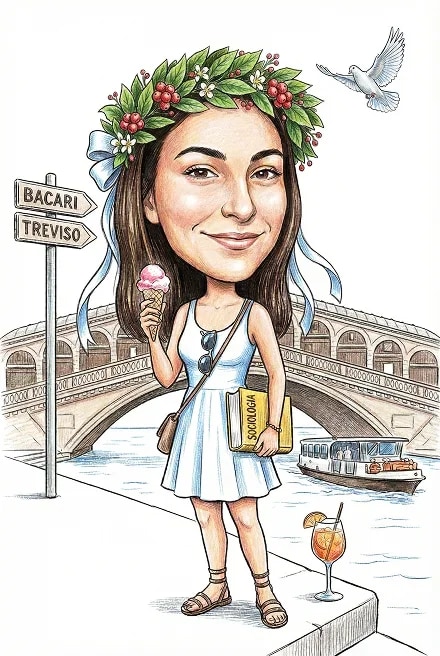 Caricatura di laurea in bianco e nero ragazza a Venezia