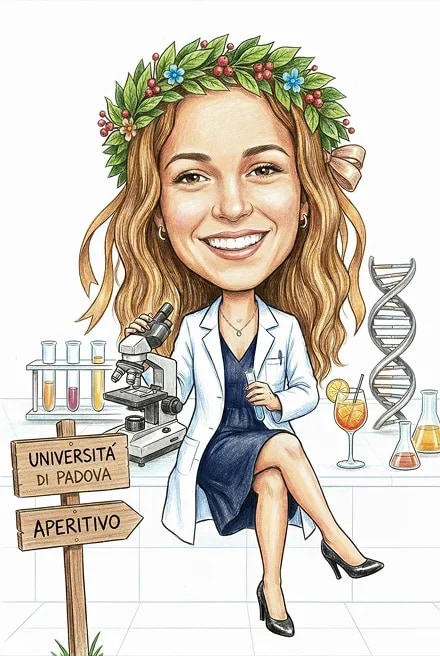Caricatura di laurea in chimica di una ragazza, stile bianco e nero